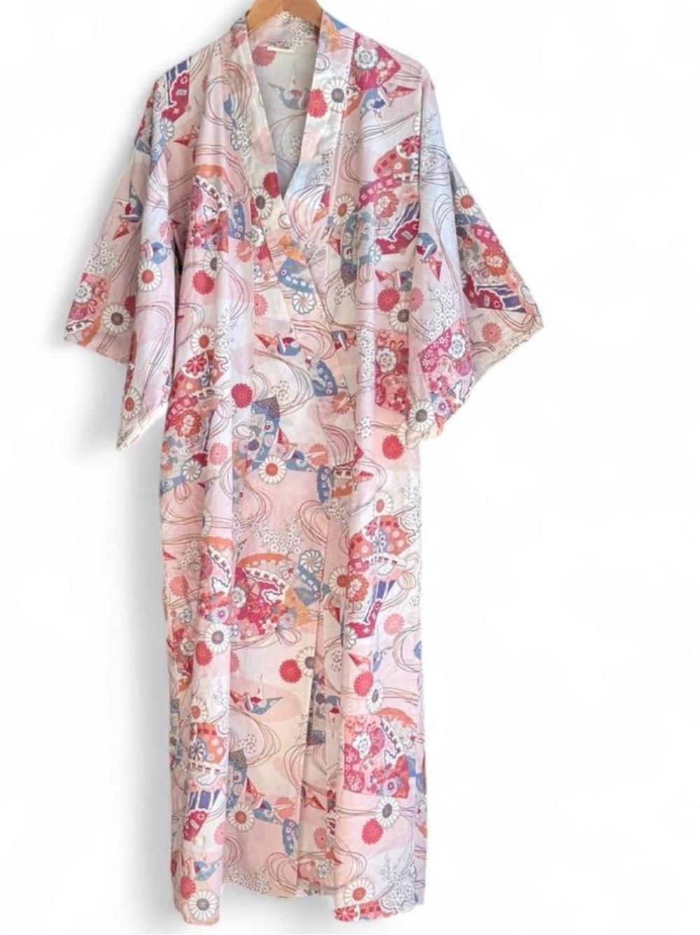 Vintage Made in Japan 100% Cotton Kimono Large Crane Fan Floral Yukata Robe Pink